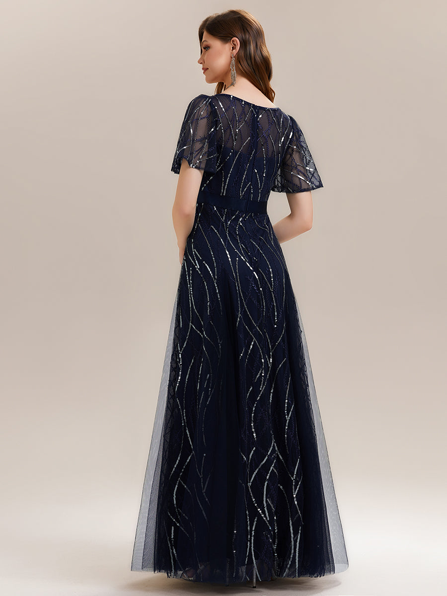 V-Neck Sequin Ruffle Sleeve Maxi Evening Dress #color_Navy Blue