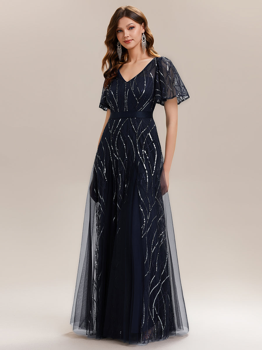V-Neck Sequin Ruffle Sleeve Maxi Evening Dress #color_Navy Blue