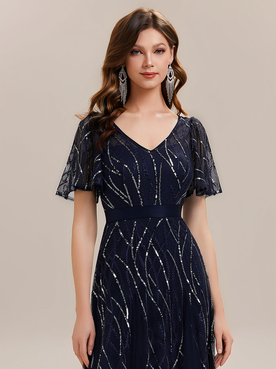 V-Neck Sequin Ruffle Sleeve Maxi Evening Dress #color_Navy Blue