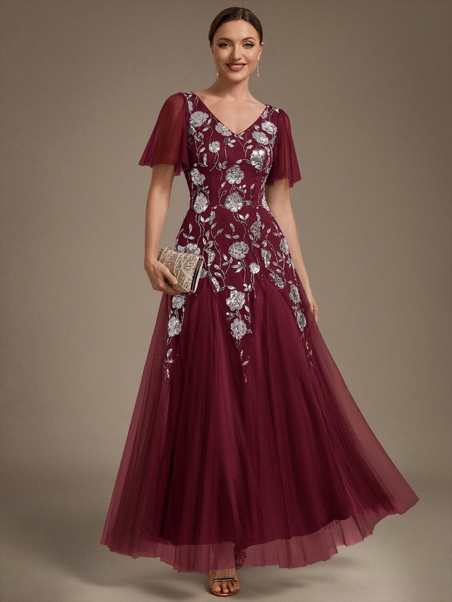 Floral Embroidered Sequin Ruffle Sleeve Tulle Evening Dress #color_Burgundy