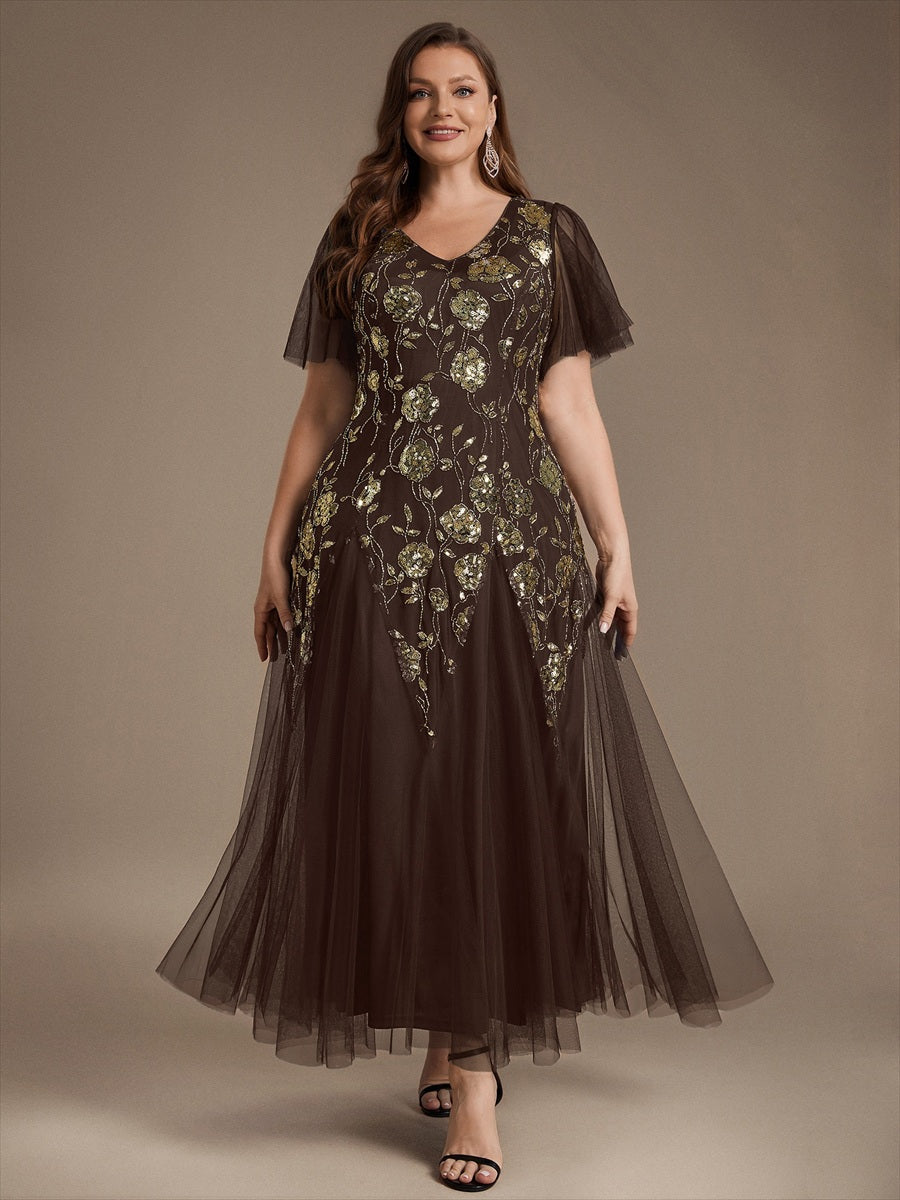 Floral Embroidered Sequin Ruffle Sleeve Tulle Evening Dress #color_Chocolate brown