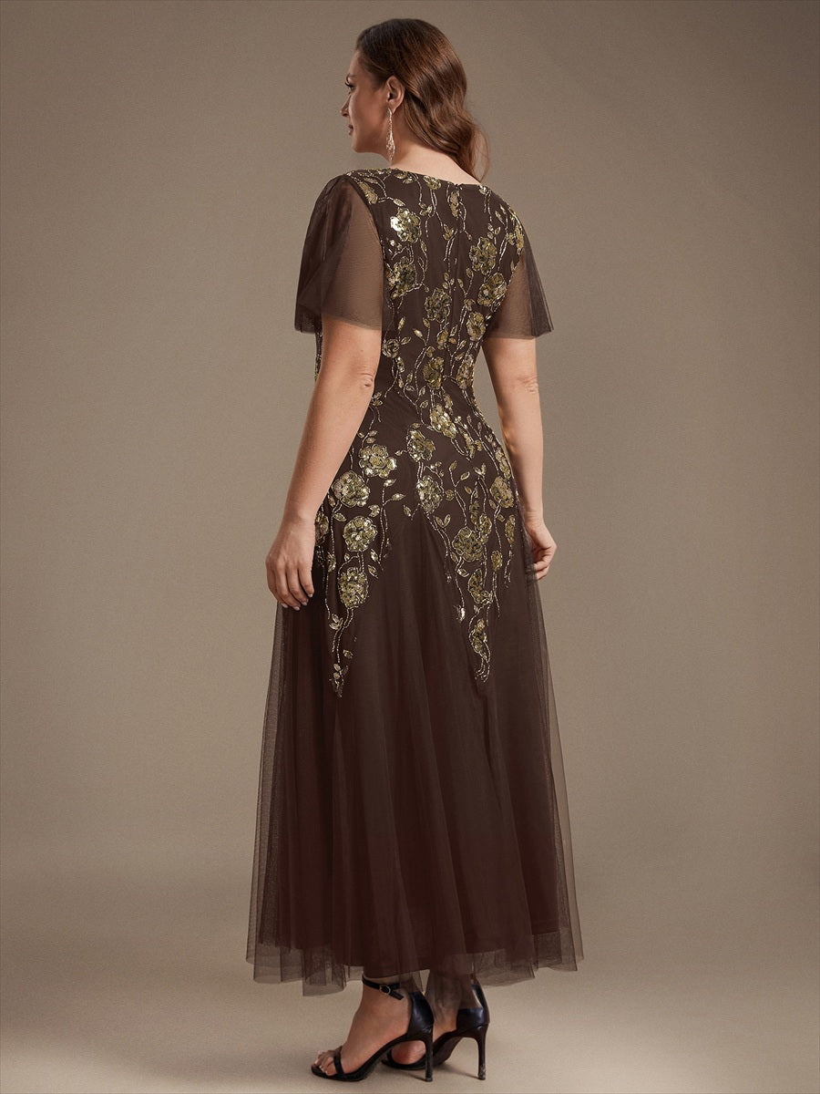 Plus Size Floral Embroidered Sequin Ruffle Sleeve Tulle Evening Dress #color_Chocolate brown