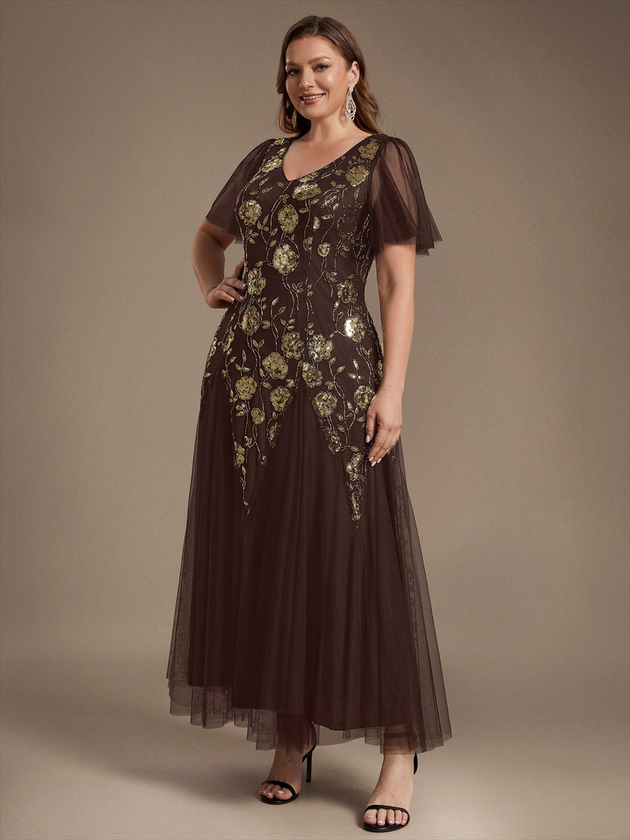 Floral Embroidered Sequin Ruffle Sleeve Tulle Evening Dress #color_Chocolate brown