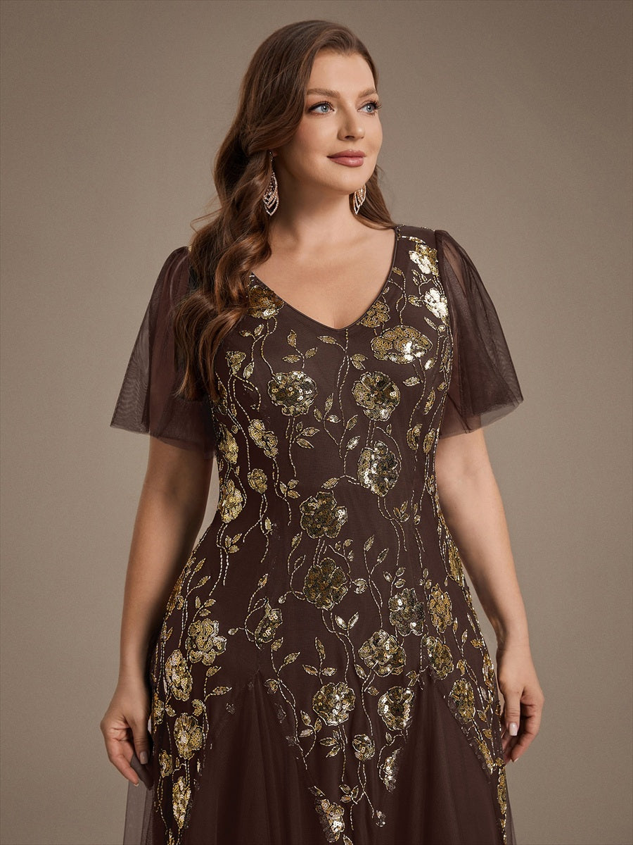 Floral Embroidered Sequin Ruffle Sleeve Tulle Evening Dress #color_Chocolate brown