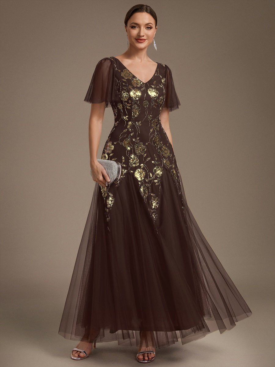 Floral Embroidered Sequin Ruffle Sleeve Tulle Evening Dress #color_Chocolate brown