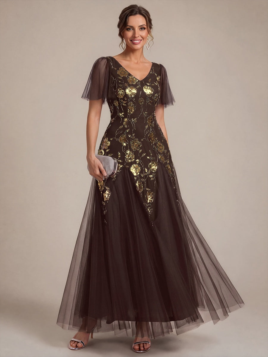 Floral Embroidered Sequin Ruffle Sleeve Tulle Evening Dress #color_Chocolate brown