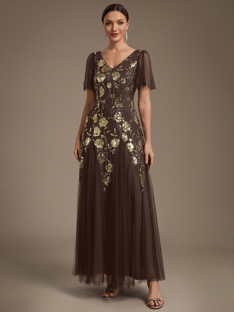 Floral Embroidered Sequin Ruffle Sleeve Tulle Evening Dress #color_Chocolate brown