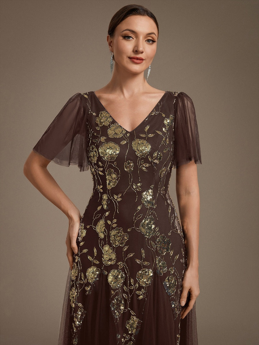 Floral Embroidered Sequin Ruffle Sleeve Tulle Evening Dress #color_Chocolate brown