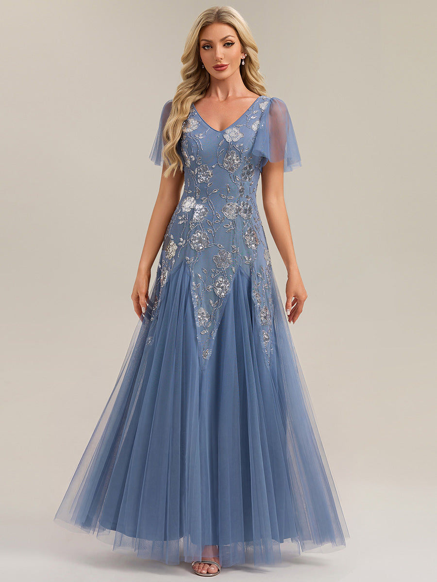 Floral Embroidered Sequin Ruffle Sleeve Tulle Evening Dress #color_Dusty Blue