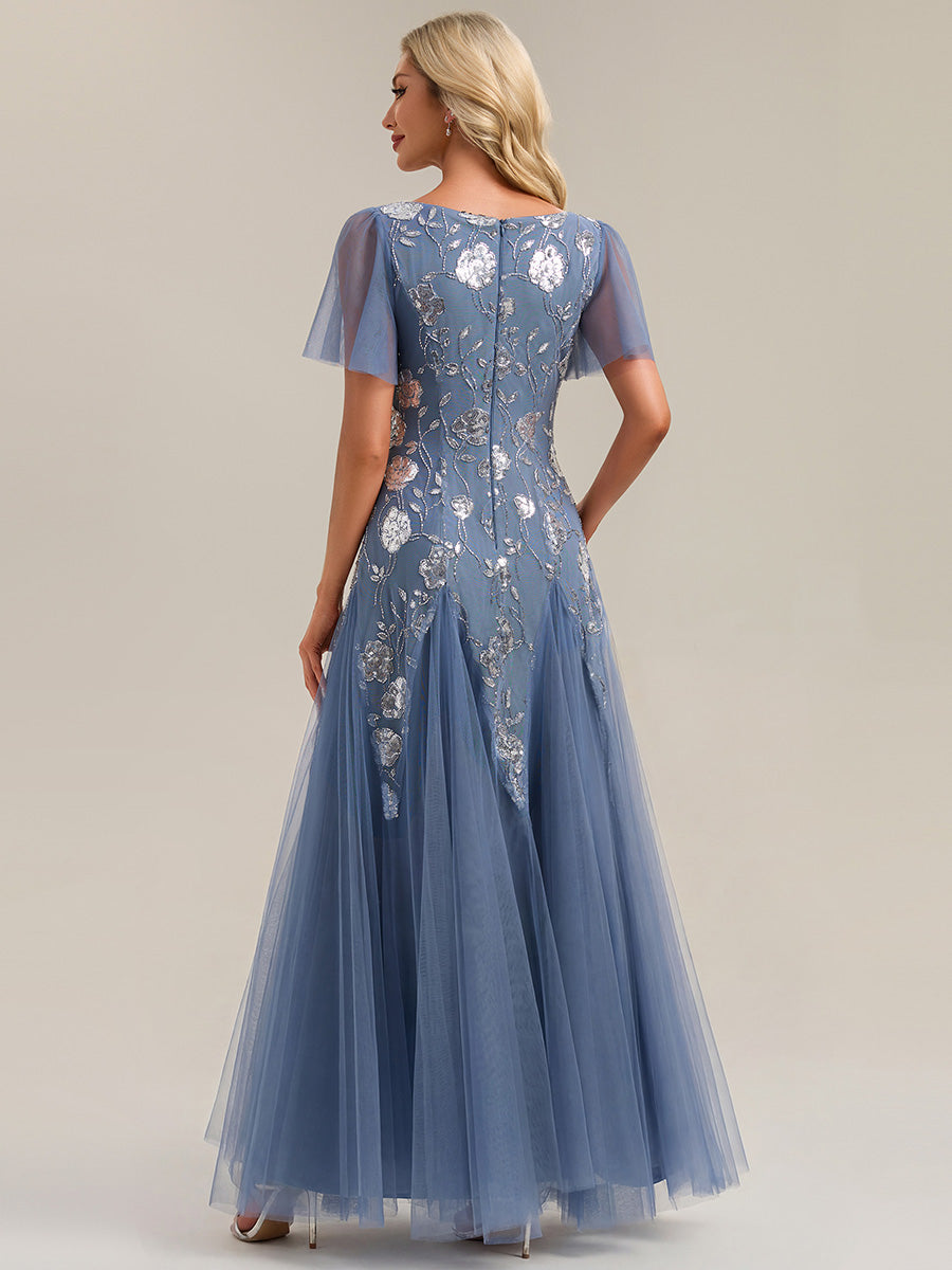 Floral Embroidered Sequin Ruffle Sleeve Tulle Evening Dress #color_Dusty Blue