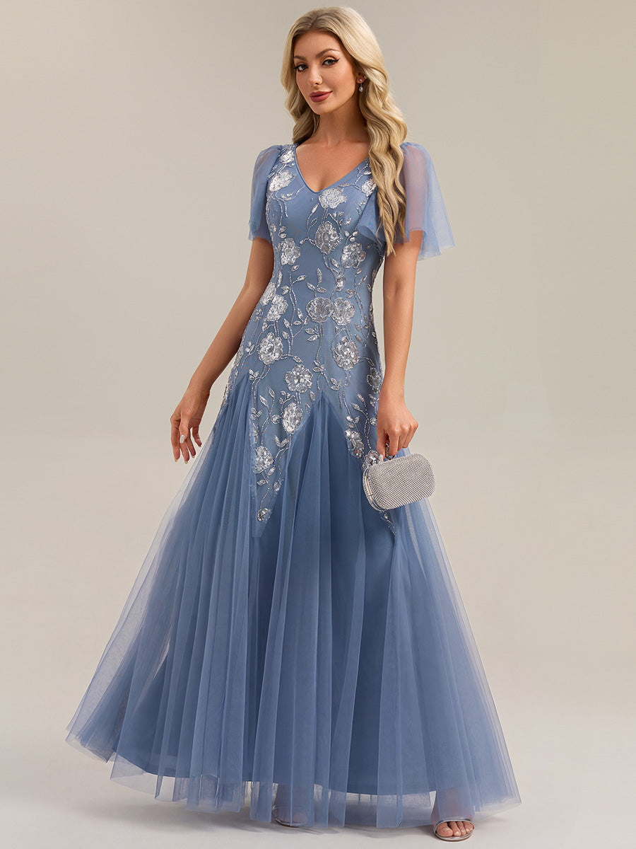 Floral Embroidered Sequin Ruffle Sleeve Tulle Evening Dress #color_Dusty Blue