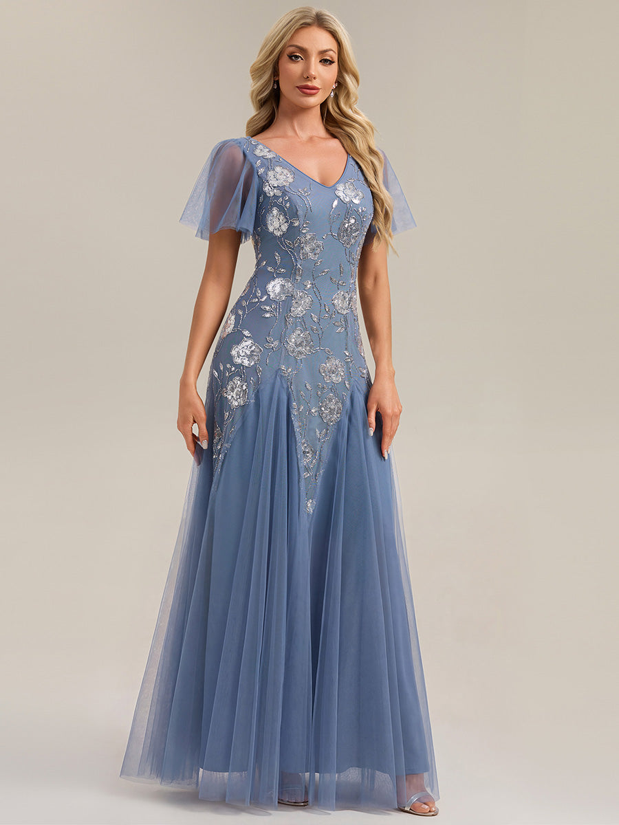 Floral Embroidered Sequin Ruffle Sleeve Tulle Evening Dress #color_Dusty Blue