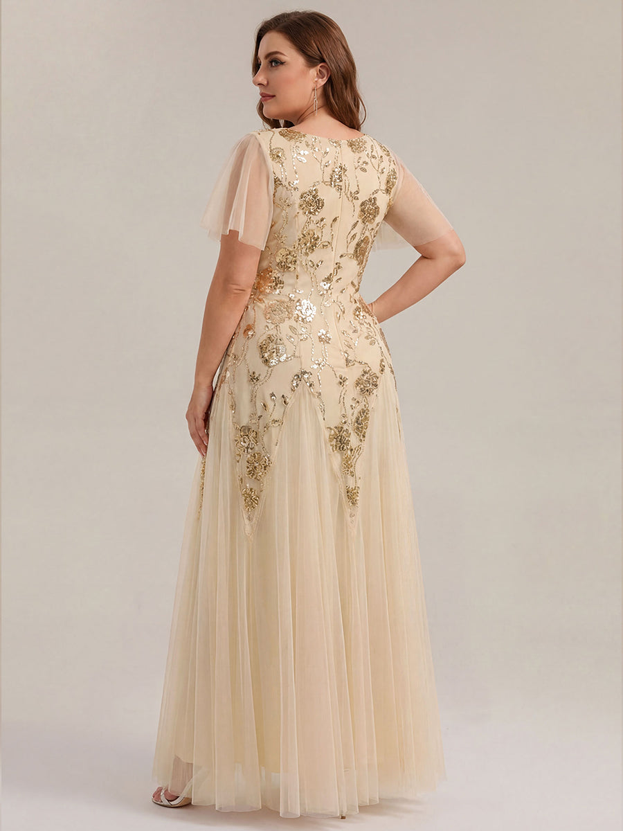 Plus Size Floral Embroidered Sequin Ruffle Sleeve Tulle Evening Dress #color_Gold