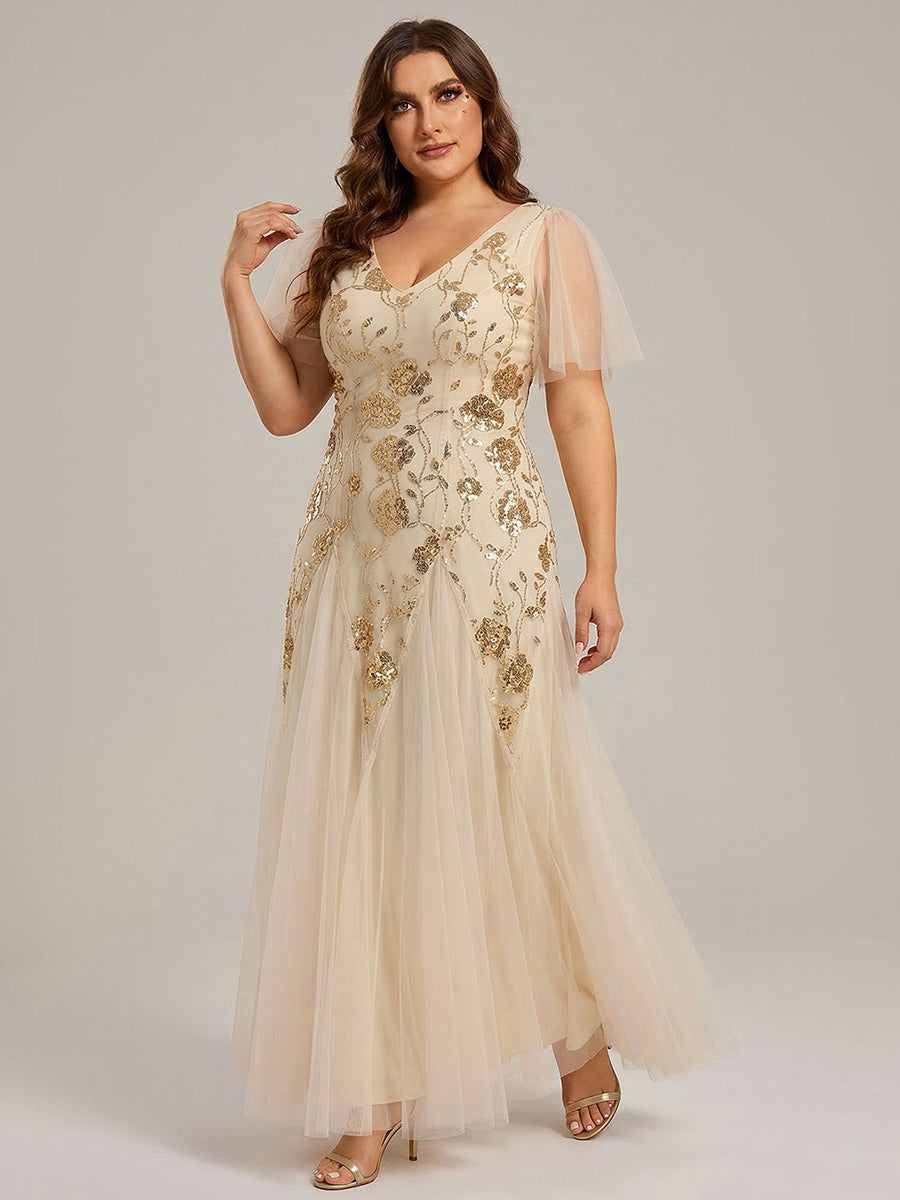 Plus Size Floral Embroidered Sequin Ruffle Sleeve Tulle Evening Dress #color_Gold
