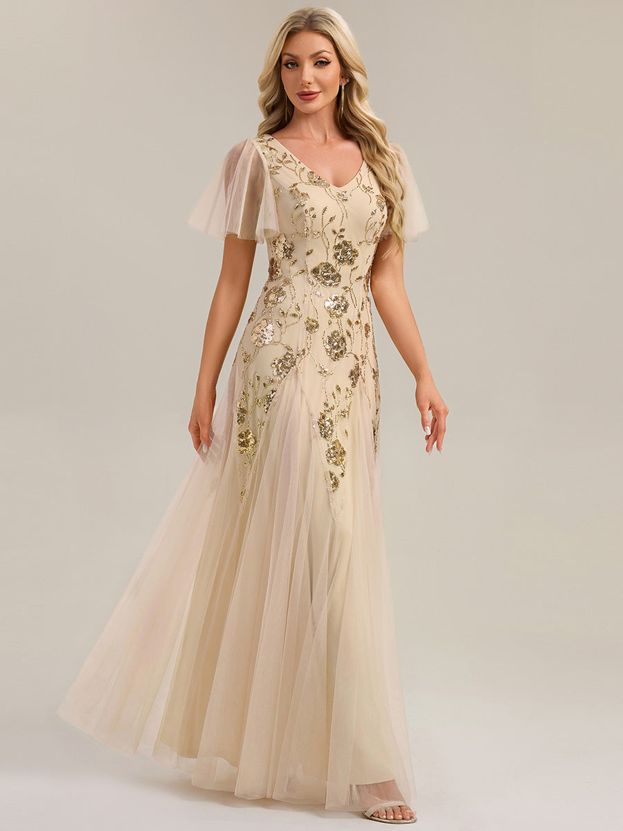 Floral Embroidered Sequin Ruffle Sleeve Tulle Evening Dress #color_Gold