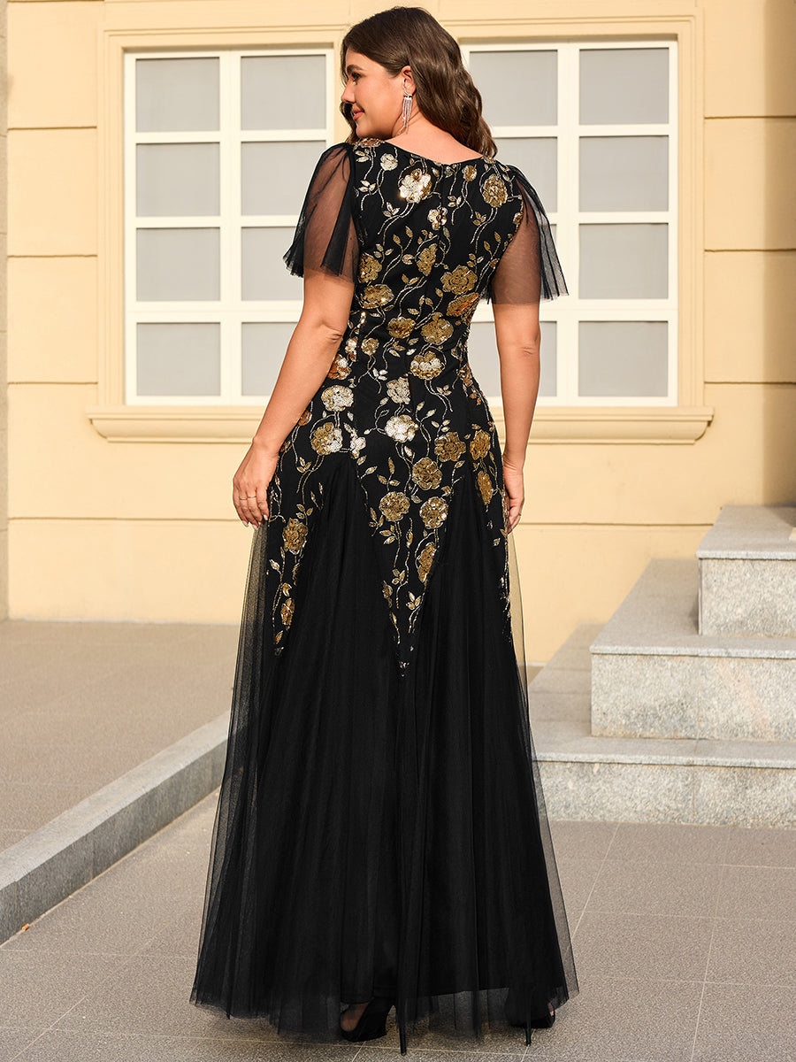 Plus Size Floral Embroidered Sequin Ruffle Sleeve Tulle Evening Dress #color_Black & Gold