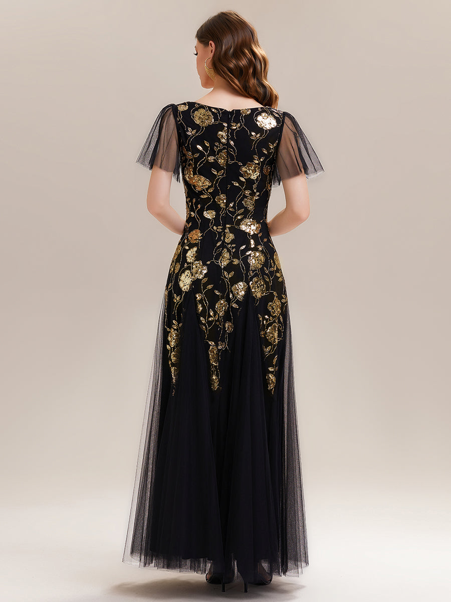 Shimmery V Neck Ruffle Sleeves Sequin Maxi Long Evening Dress #color_Black & Floral