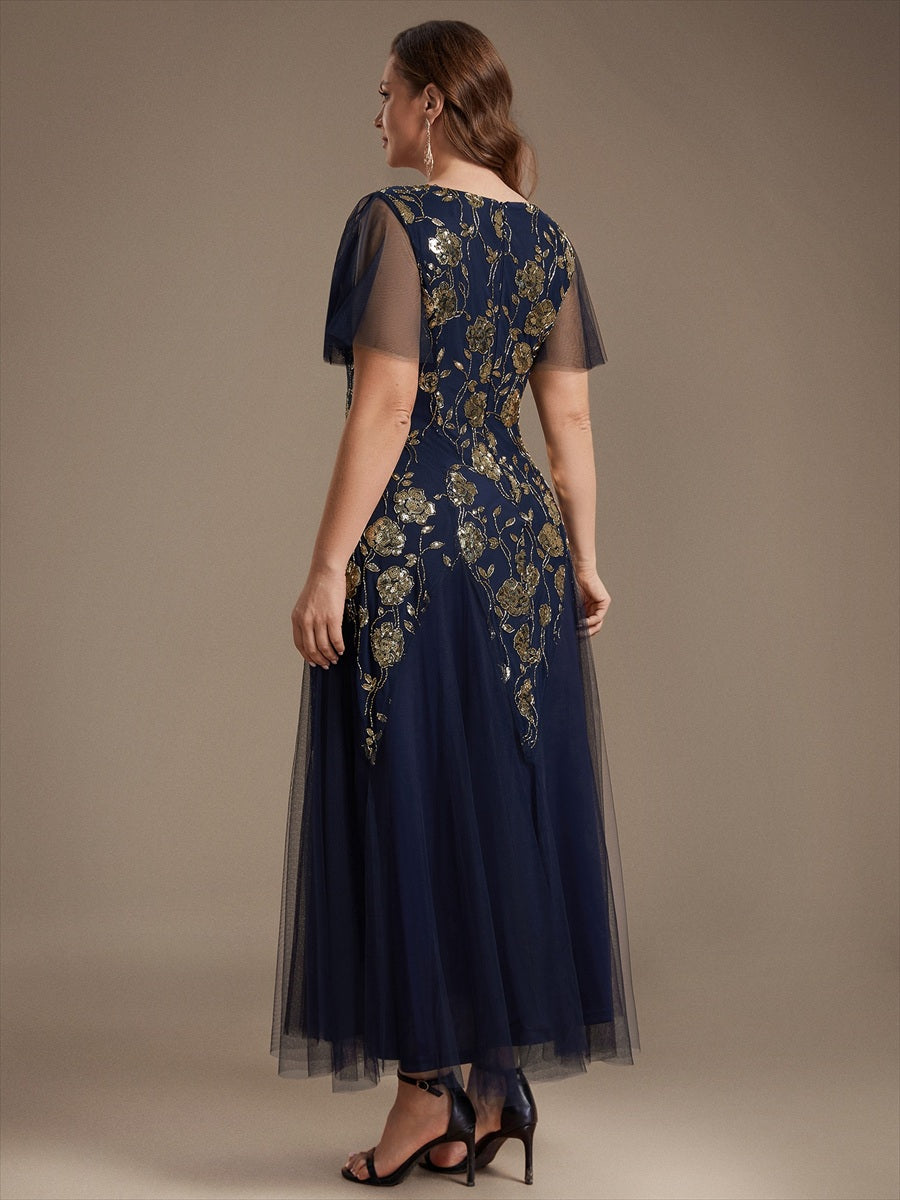 Floral Embroidered Sequin Ruffle Sleeve Tulle Evening Dress #color_Navy Blue