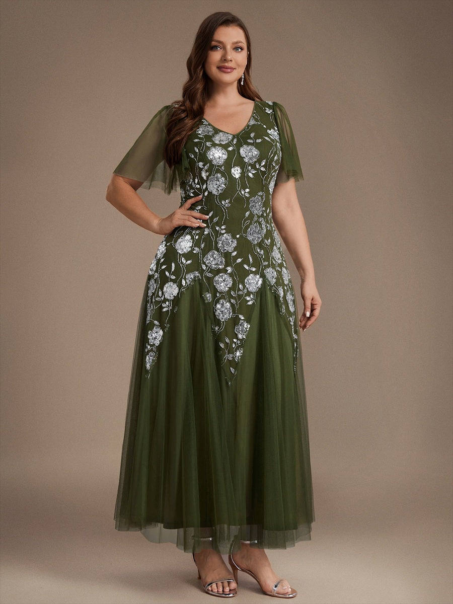 Floral Embroidered Sequin Ruffle Sleeve Tulle Evening Dress #color_Olive Green