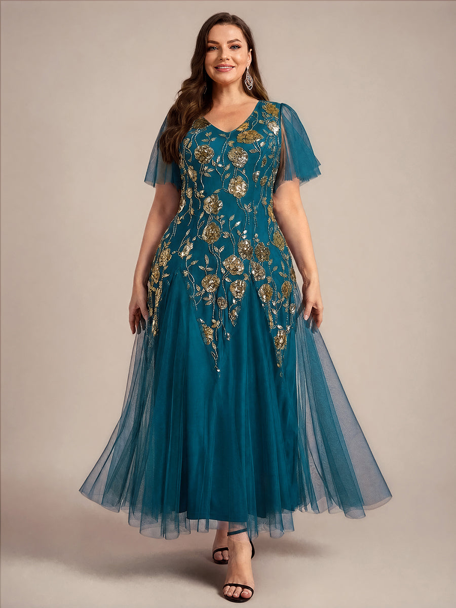 Floral Embroidered Sequin Ruffle Sleeve Tulle Evening Dress #color_Teal Blue