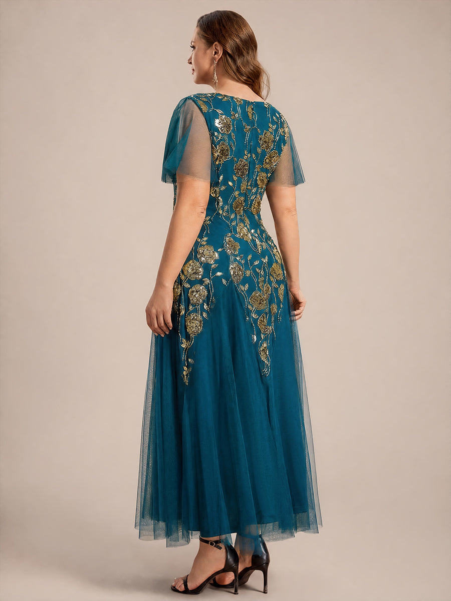 Floral Embroidered Sequin Ruffle Sleeve Tulle Evening Dress #color_Teal Blue