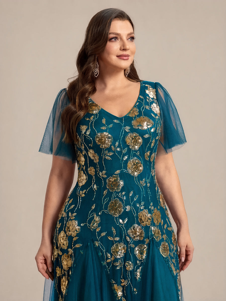 Floral Embroidered Sequin Ruffle Sleeve Tulle Evening Dress #color_Teal Blue