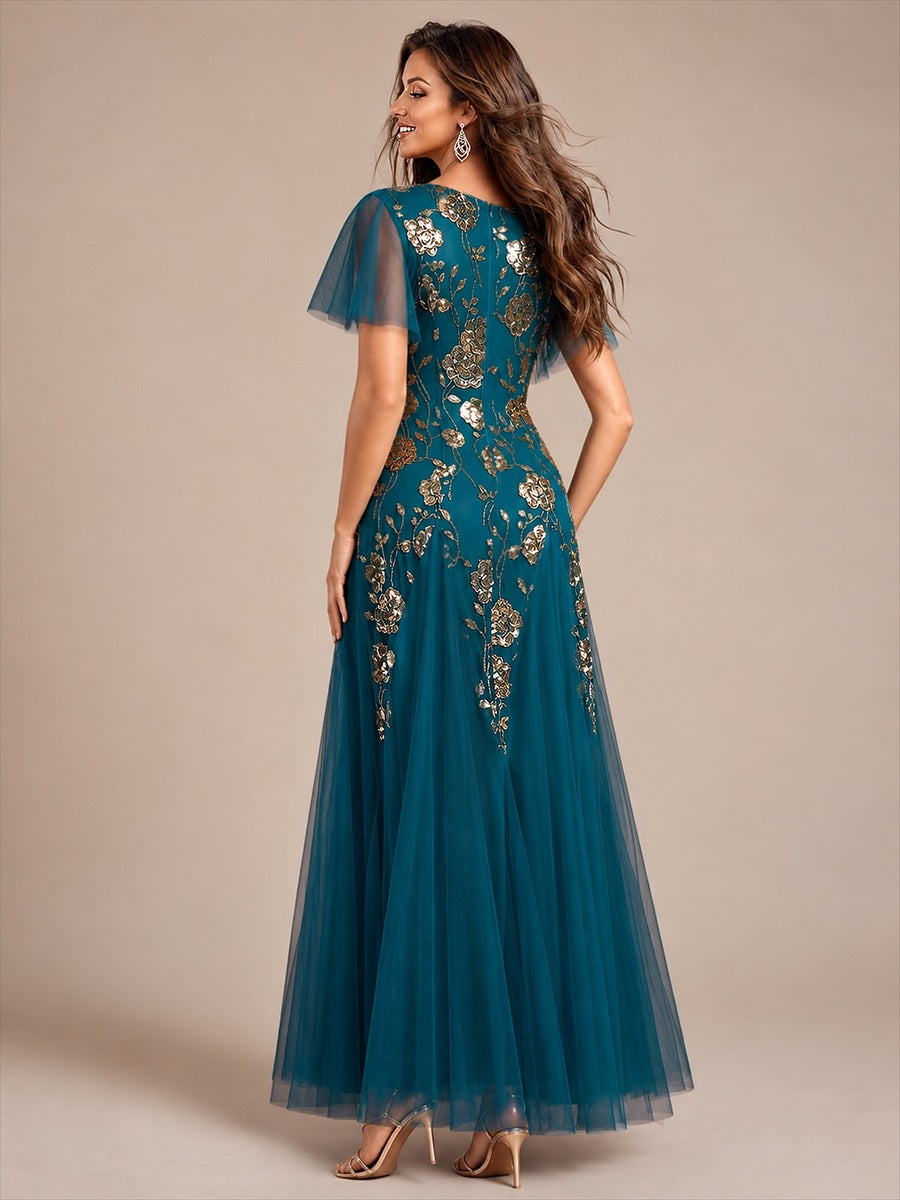 Floral Embroidered Sequin Ruffle Sleeve Tulle Evening Dress #color_Teal Blue
