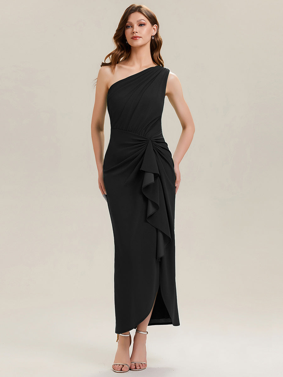 Thigh-High Slit Knit Sleeveless Evening Dress #color_Black