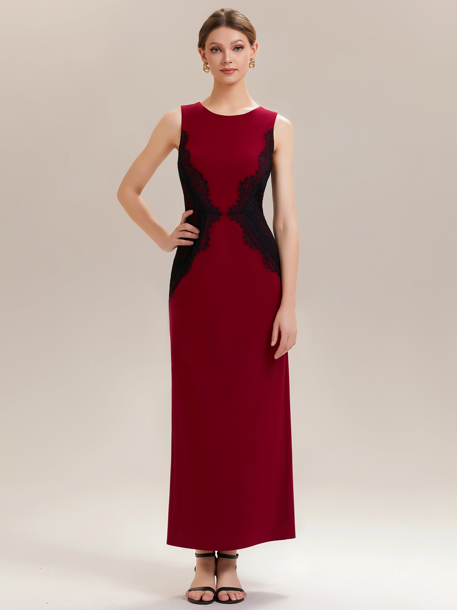 Waist Cut-Out Knit Sleeveless Evening Dress #color_Dark Red