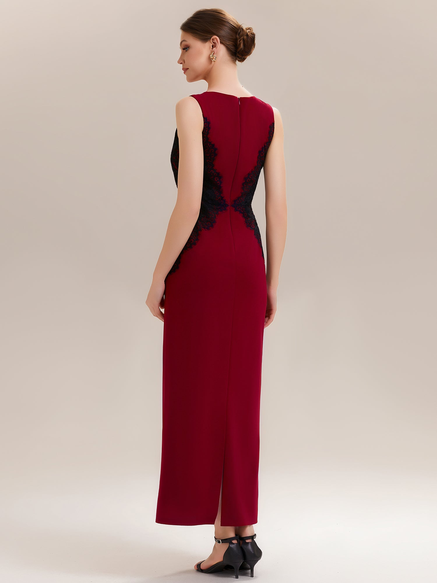 Waist Cut-Out Knit Sleeveless Evening Dress #color_Dark Red
