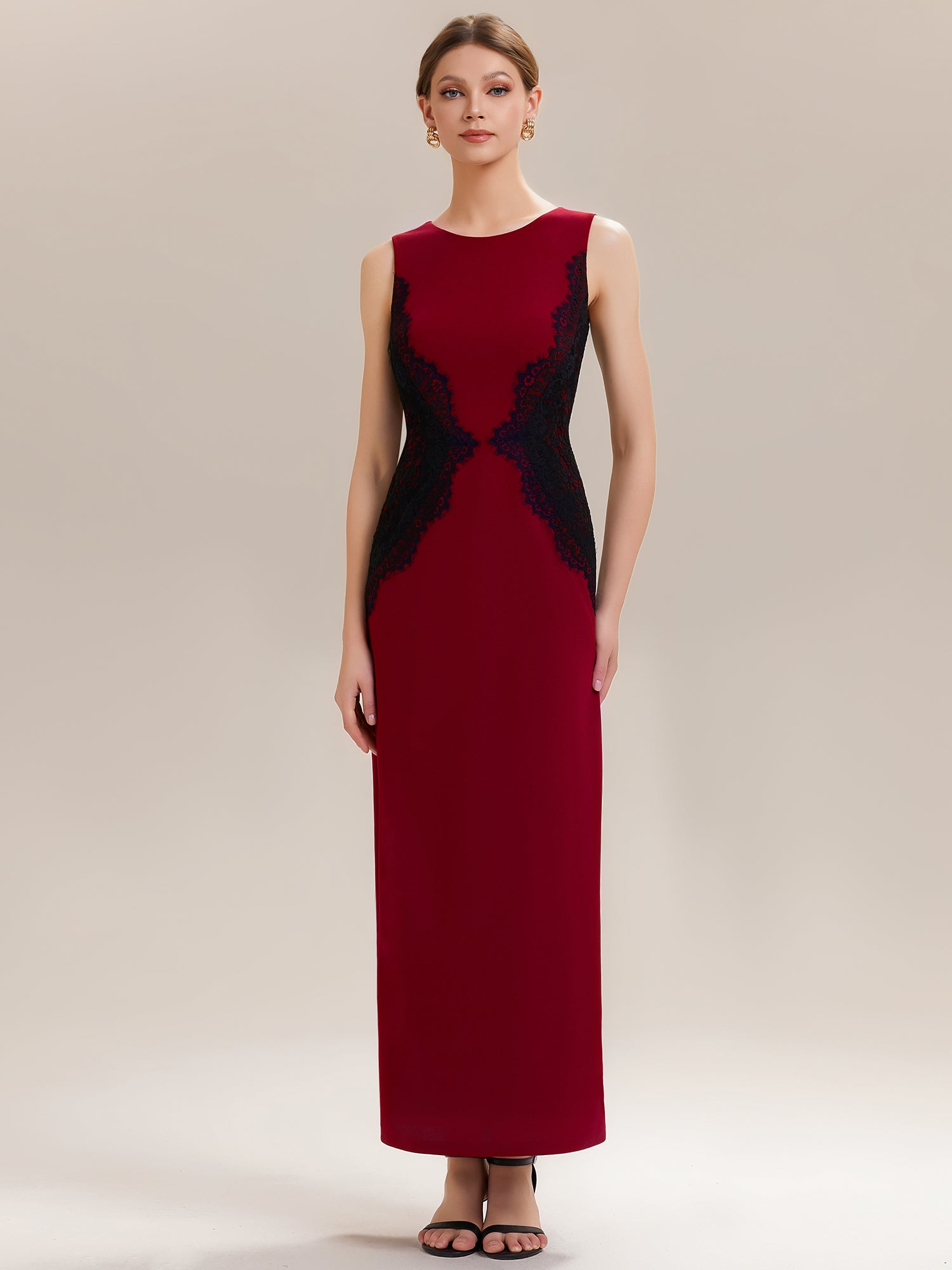 Waist Cut-Out Knit Sleeveless Evening Dress #color_Dark Red