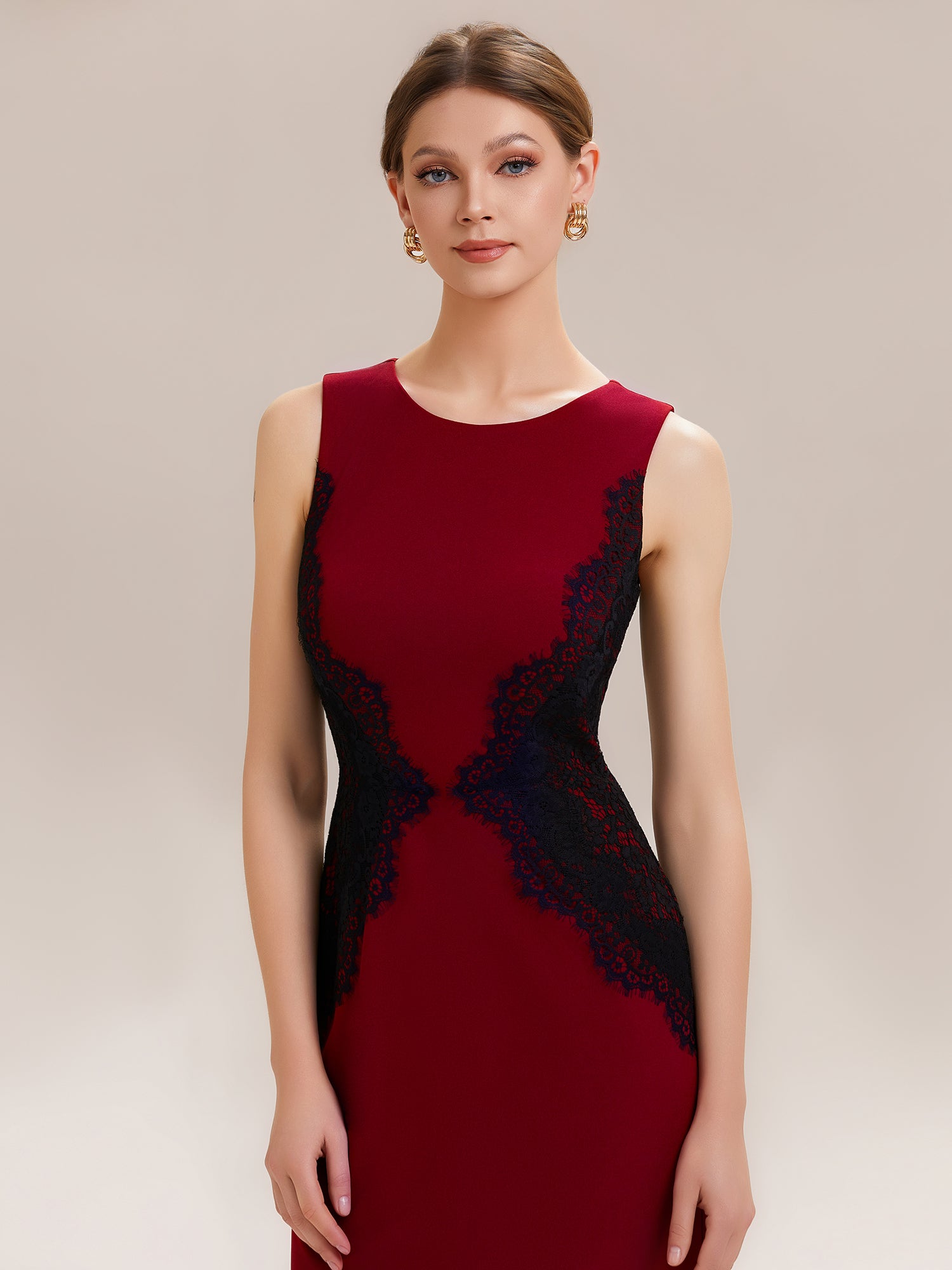 Waist Cut-Out Knit Sleeveless Evening Dress #color_Dark Red