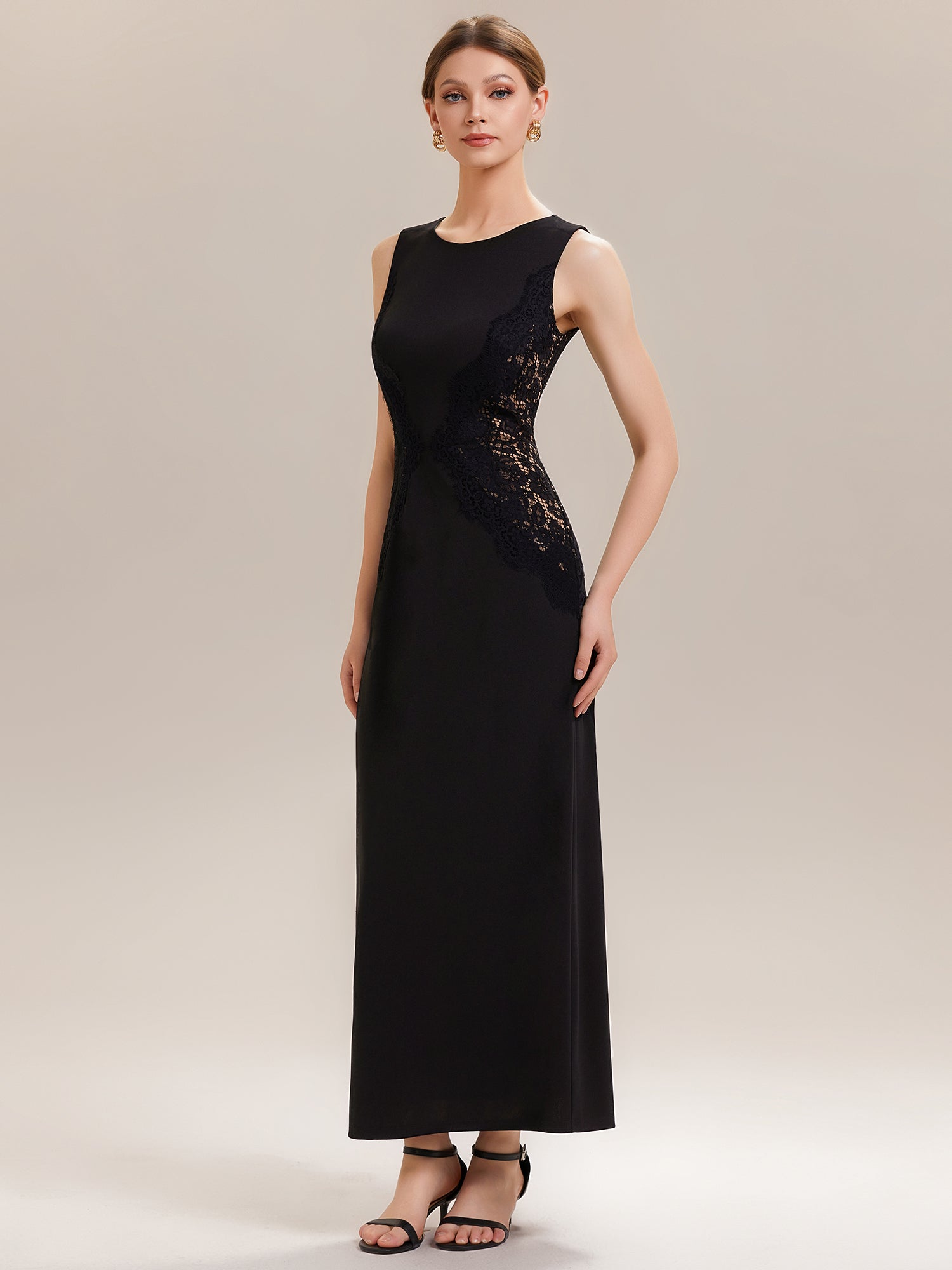 Waist Cut-Out Knit Sleeveless Evening Dress #color_Black
