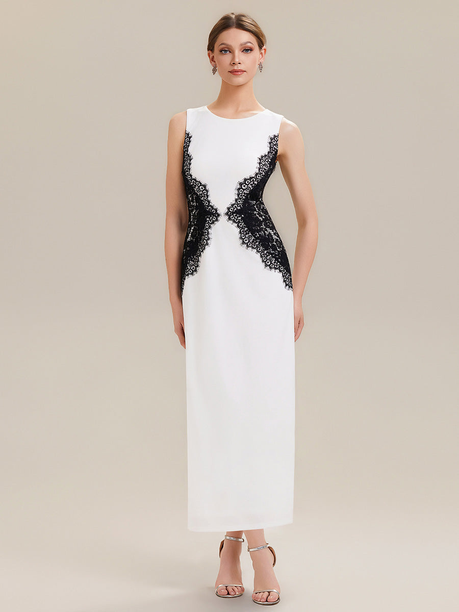 Waist Cut-Out Knit Sleeveless Evening Dress #color_Ivory-Black