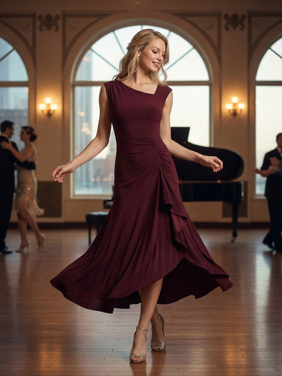 Ruffled Knit Cap Sleeve Evening Dress #color_Burgundy