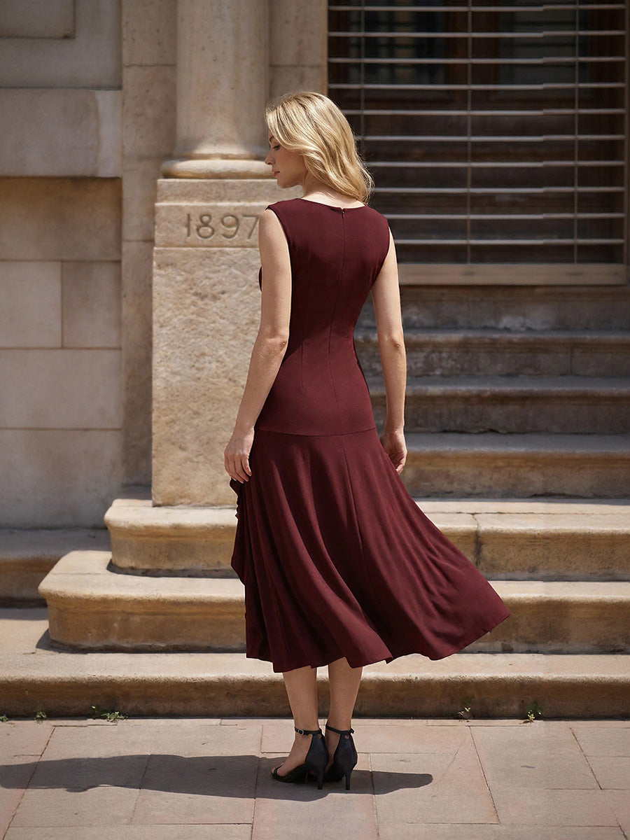 Ruffled Knit Cap Sleeve Evening Dress #color_Burgundy