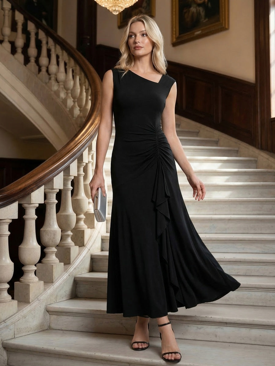 Ruffled Knit Cap Sleeve Evening Dress #color_Black