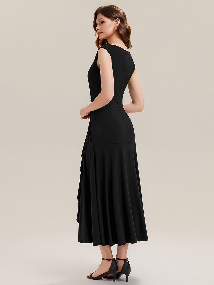 Ruffled Knit Cap Sleeve Evening Dress #color_Black