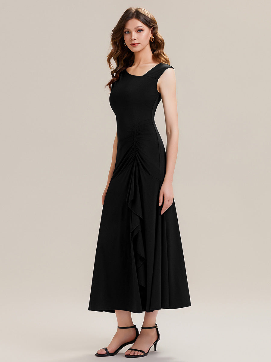 Ruffled Knit Cap Sleeve Evening Dress #color_Black
