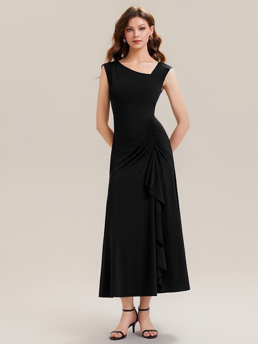 Ruffled Knit Cap Sleeve Evening Dress #color_Black