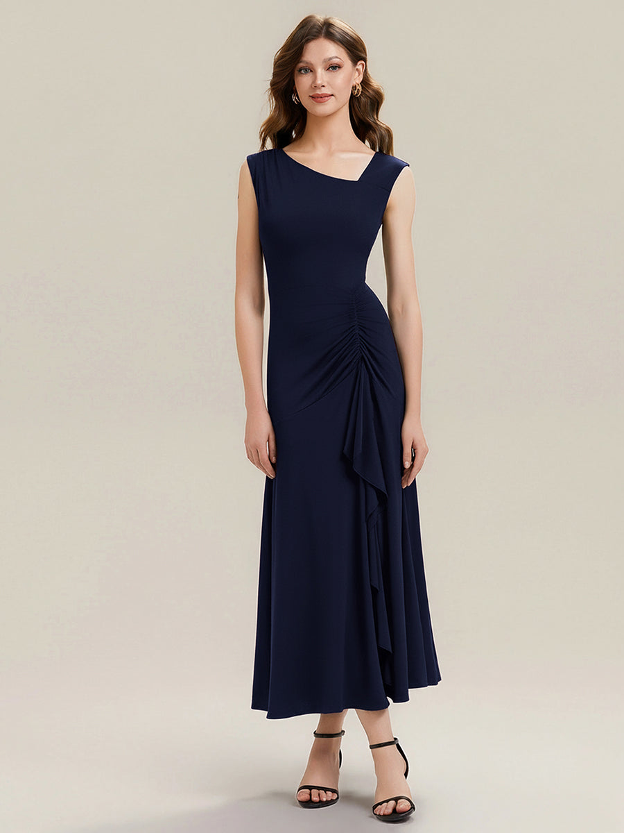 Ruffled Knit Cap Sleeve Evening Dress #color_Navy Blue