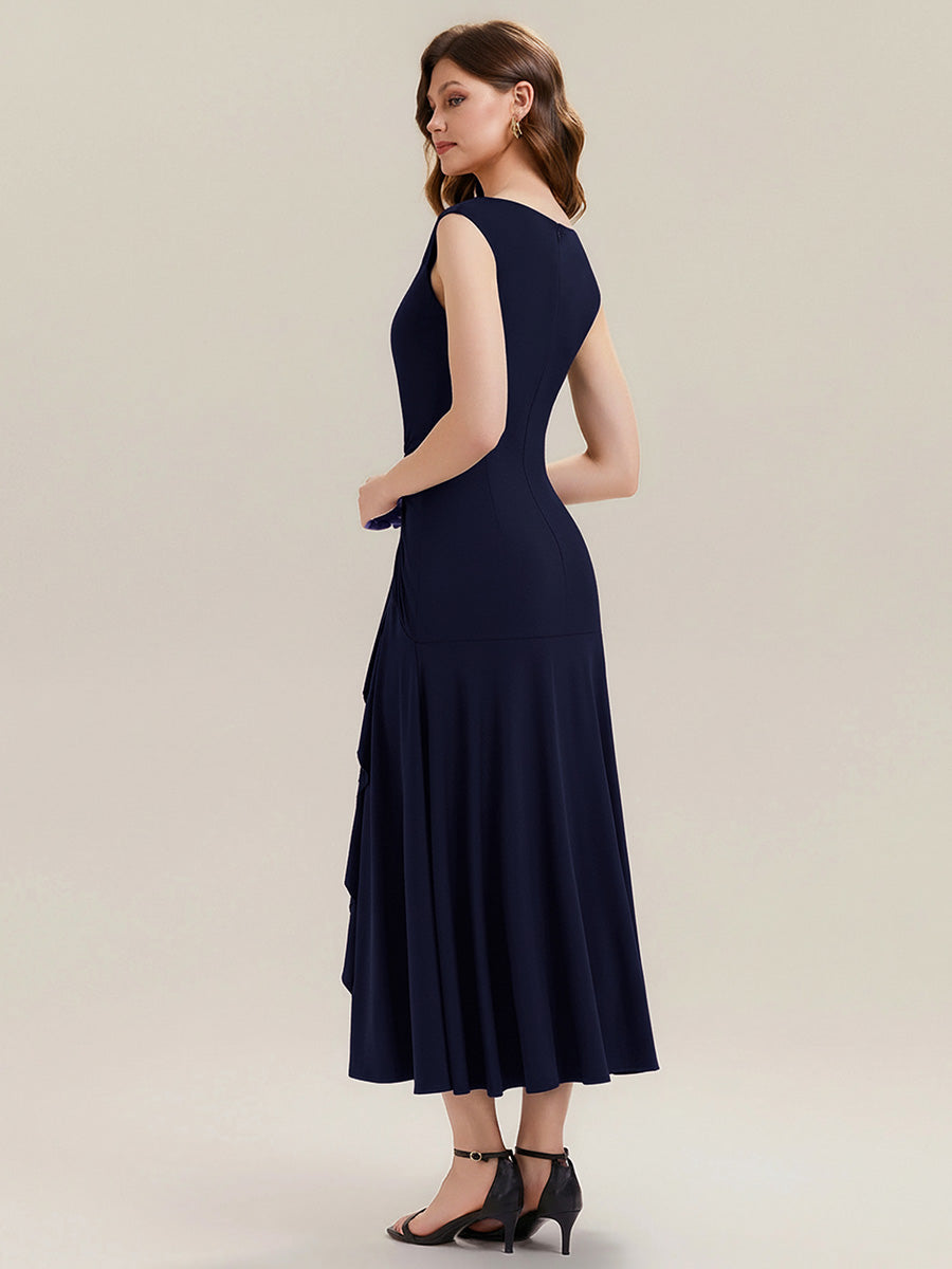 Ruffled Knit Cap Sleeve Evening Dress #color_Navy Blue