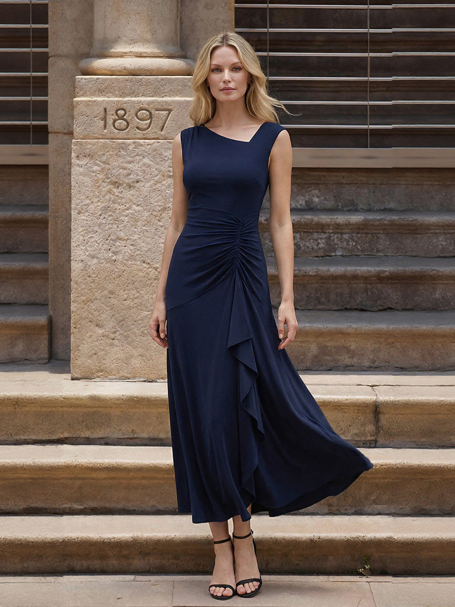 Ruffled Knit Cap Sleeve Evening Dress #color_Navy Blue