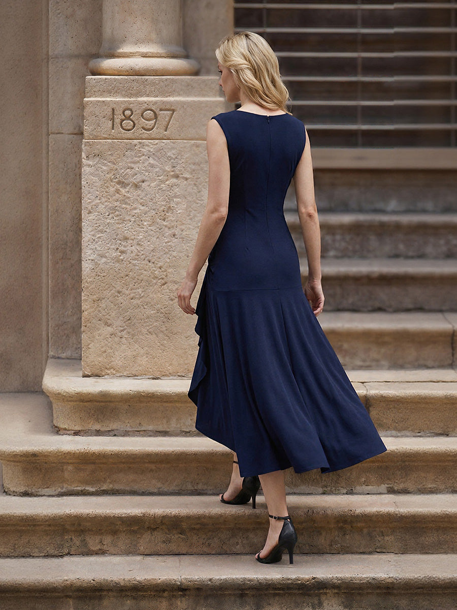 Ruffled Knit Cap Sleeve Evening Dress #color_Navy Blue