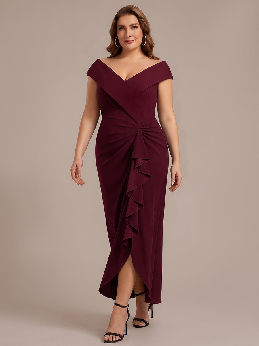 Ruffle Crepe Cap Sleeve Evening Dress #color_Burgundy