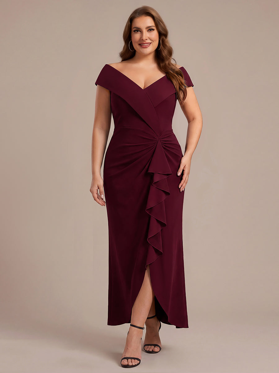 Plus Size Slit Crepe Evening Dress #color_Burgundy