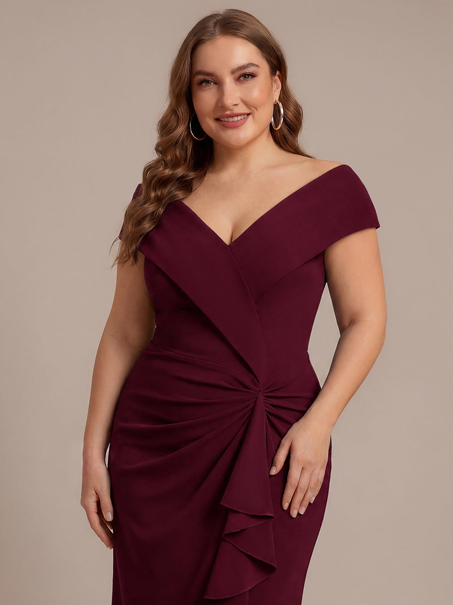 Ruffle Crepe Cap Sleeve Evening Dress #color_Burgundy