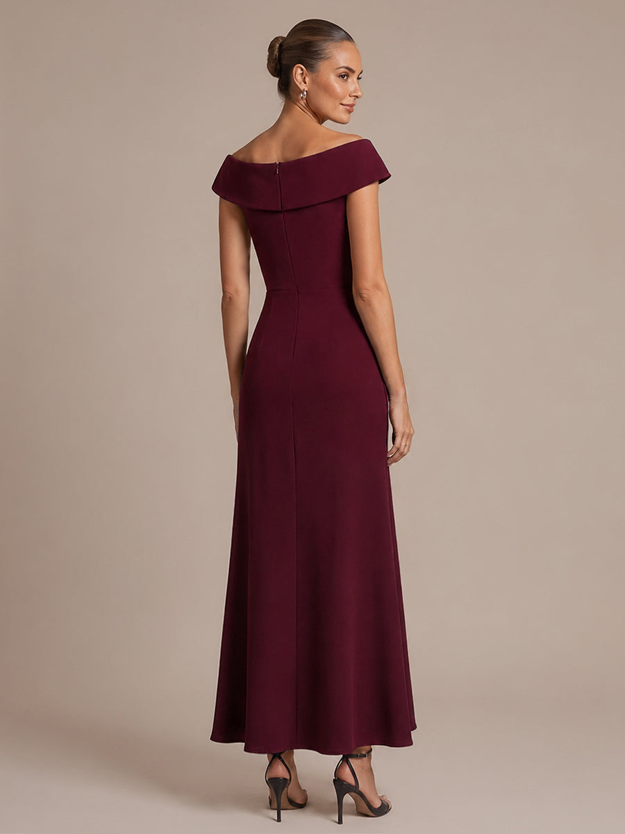 Ruffle Crepe Cap Sleeve Evening Dress #color_Burgundy