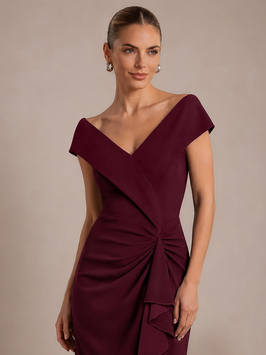 Ruffle Crepe Cap Sleeve Evening Dress #color_Burgundy