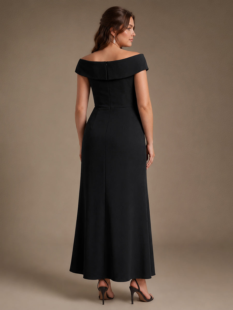 Ruffle Crepe Cap Sleeve Evening Dress #color_Black